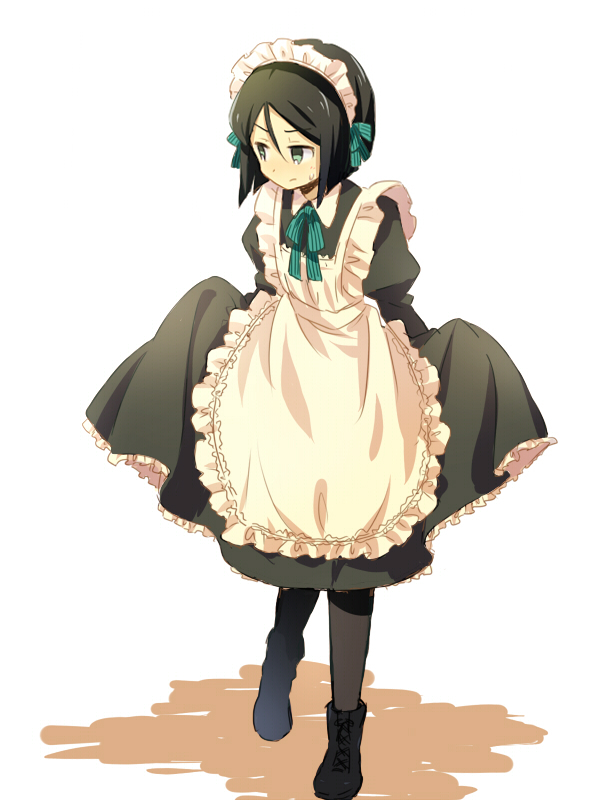 1boy, apron, blush, bob_cut, boots, bow, clothes_lift, crossdressing
