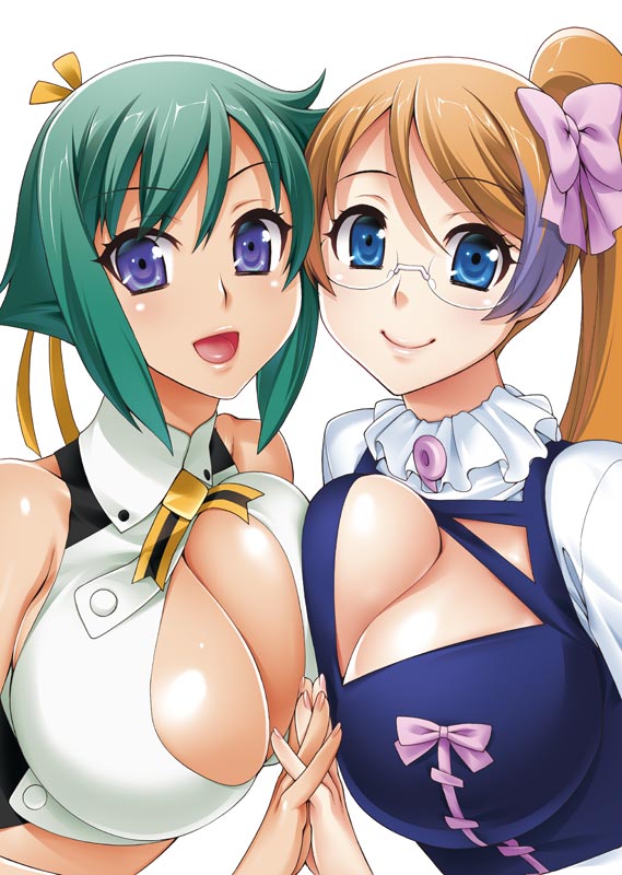 10s, 2girls, aquarion_(series), aquarion_evol, asymmetrical_docking, blue_eyes, bow, breast_press