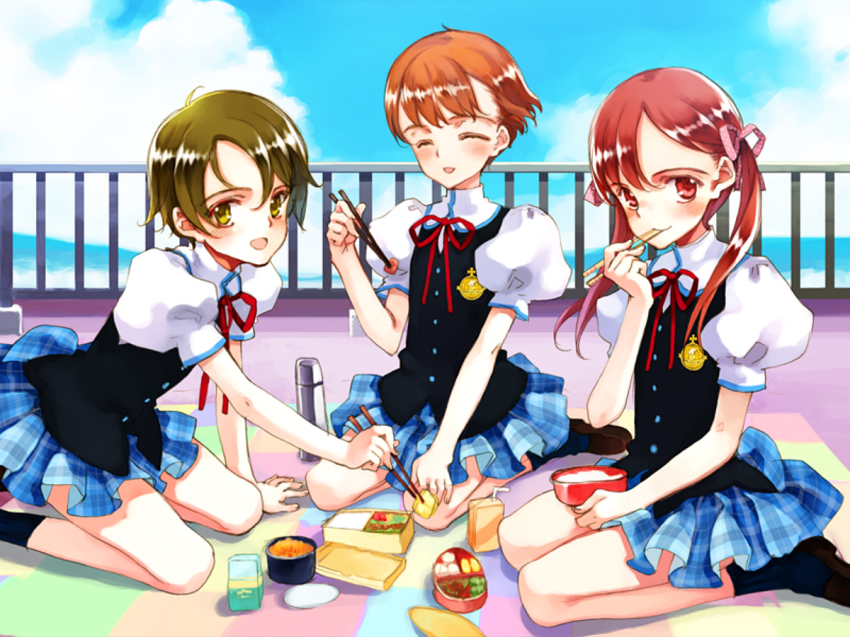 3girls, :d, ^_^, bento, black_legwear, blanket, blush, brown_hair
