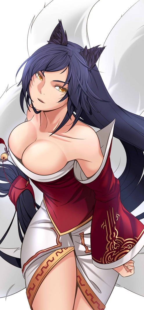 1girl, ahri_(league_of_legends), animal_ears, bad_id, bad_pixiv_id, bare_shoulders, bell, black_hair, breasts, cleavage, detached_sleeves, downblouse, facial_mark, female_focus, fox_ears, fox_tail, fullluv, korean_clothes, large_breasts, league_of_legends, legs, long_hair, multiple_tails, solo, tail, thighs, very_long_hair, whisker_markings, yellow_eyes