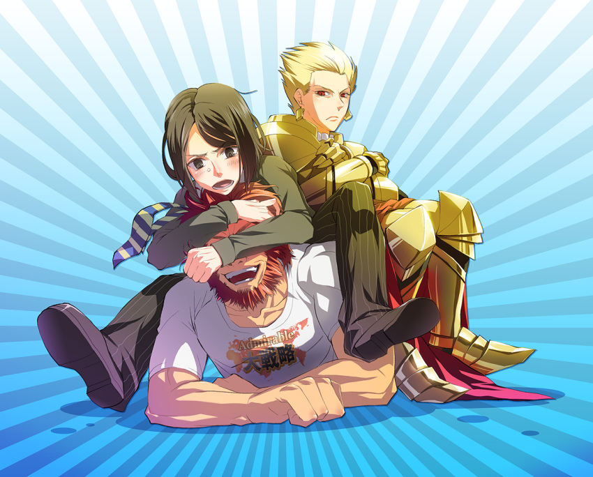 3boys, armor, beard, black_eyes, black_hair, blonde_hair, blue_background, blush