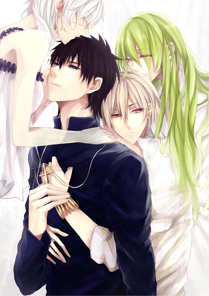 1girl, 3boys, 9tsumura, bad_id, bad_pixiv_id, bisexual_male, blonde_hair, bracelet