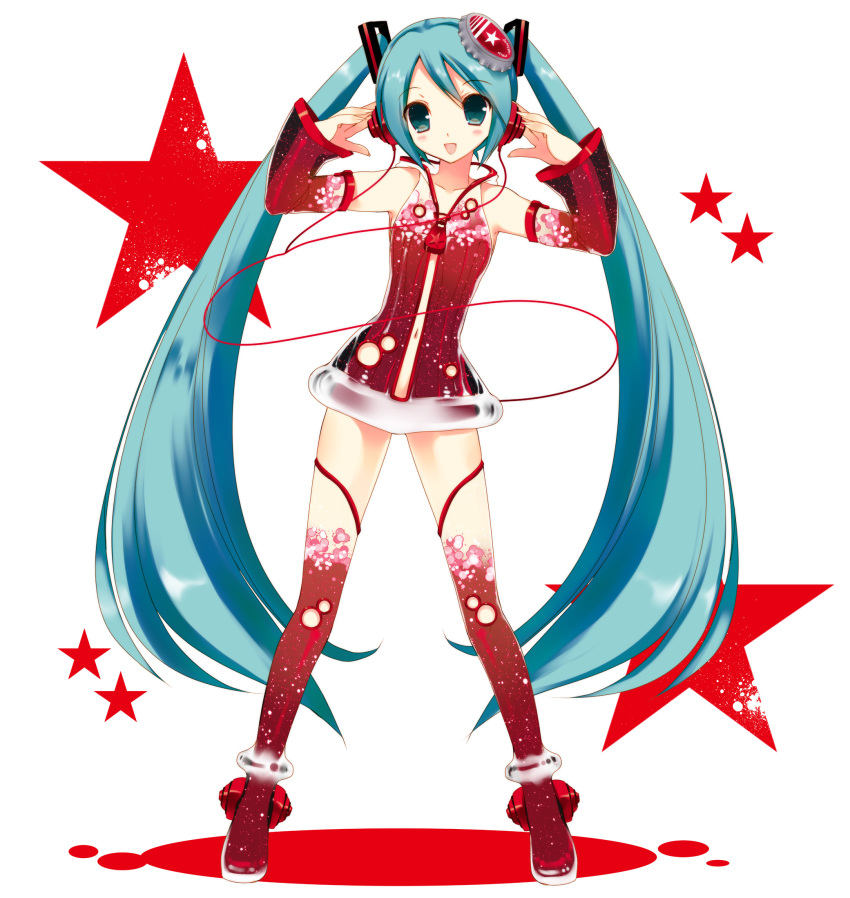 1girl, aqua_eyes, aqua_hair, boots, cola_miku, female_focus, hair_ornament, hatsune_miku, headphones, highres, long_hair, looking_at_viewer, navel, open_mouth, see-through_clothes, smile, solo, star_(symbol), takanae_kyourin, thigh_boots, thighhighs, twintails, very_long_hair, vocaloid, zettai_ryouiki