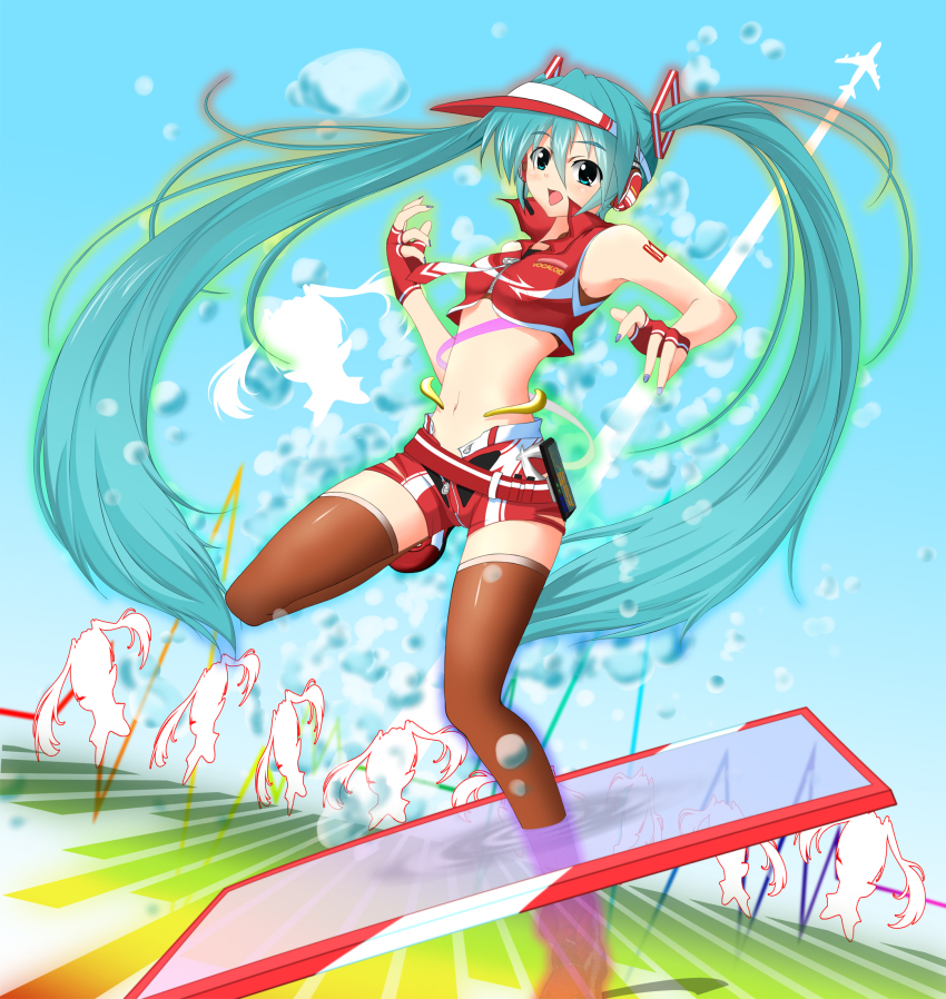 1girl, aircraft, airplane, aqua_eyes, aqua_hair, bubble, cola_miku, contrail, day, female_focus, garuma, hatsune_miku, headphones, headset, highres, long_hair, looking_at_viewer, midriff, navel, open_mouth, shorts, smile, solo, thighhighs, twintails, very_long_hair, visor, visor_cap, vocaloid