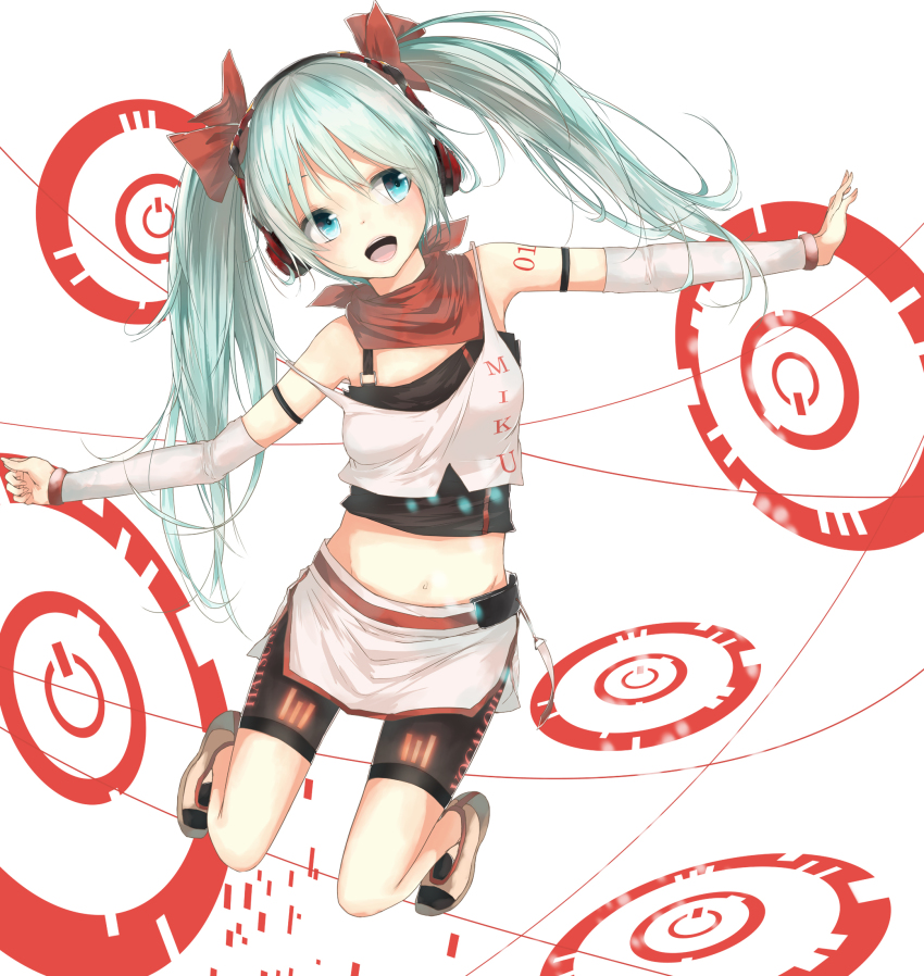 1girl, aqua_eyes, aqua_hair, bare_shoulders, bike_shorts, cola_miku, female_focus, hair_ribbon