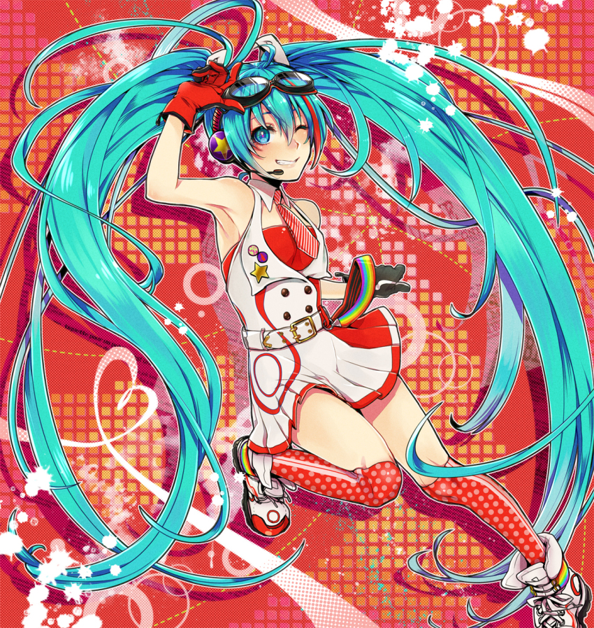 1girl, aqua_eyes, aqua_hair, belt, cola_miku, female_focus, gloves, goggles