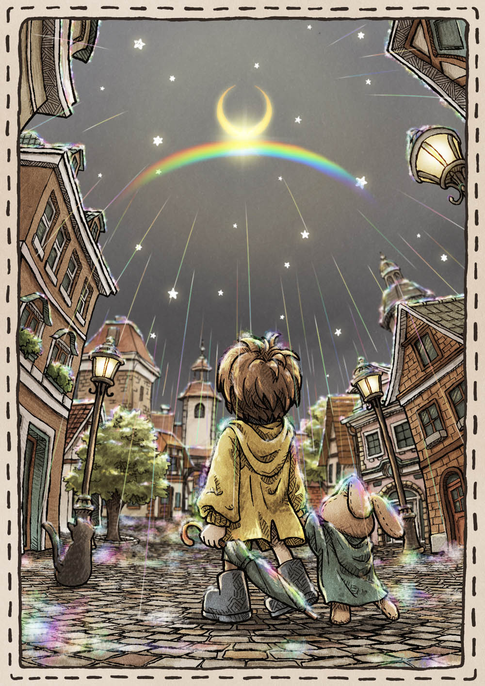 1boy, rabbit, cityscape, crescent_moon, enola_(ebanataw), highres, lamppost, male_focus