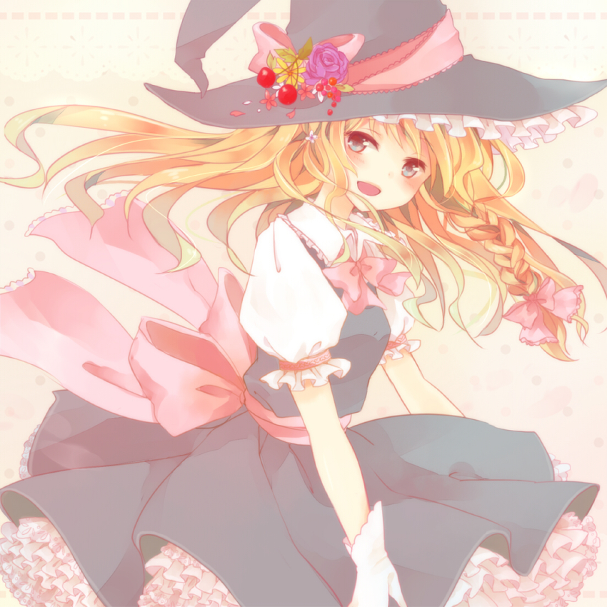 1girl, :d, blonde_hair, blue_eyes, bow, braid, female_focus, gloves