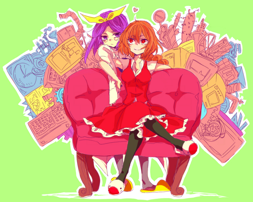 2girls, asakura_rikako, bad_id, bad_pixiv_id, black_legwear, braid, couch, crossed_legs