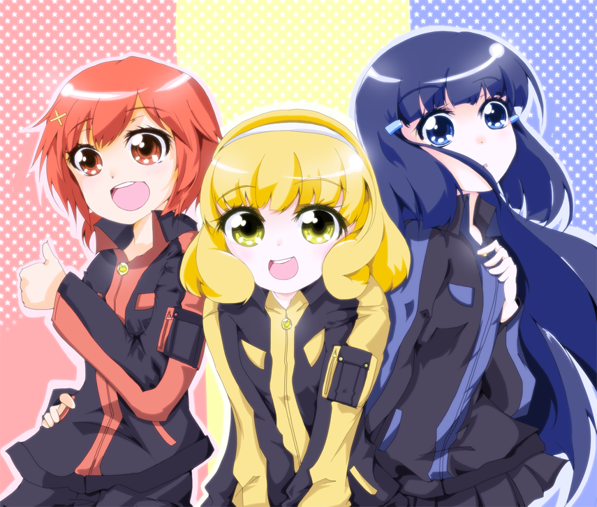 3girls, :d, :o, aoki_reika, blonde_hair, blue_eyes, blue_hair, cosplay