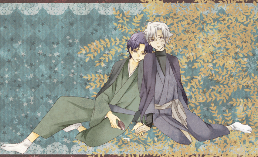 2boys, blue_hair, brothers, fate/stay_night, fate/zero, fate_(series), full_body, japanese_clothes