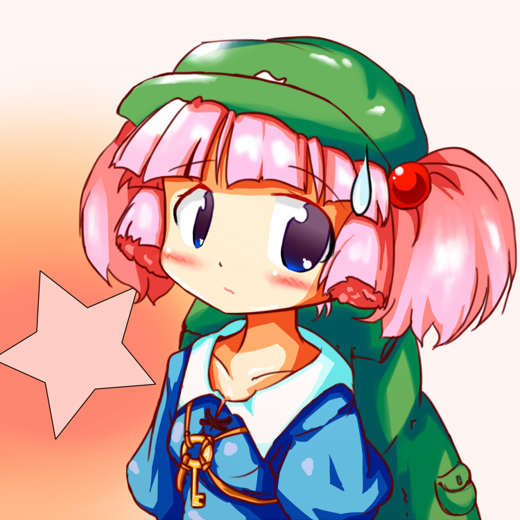 1girl, 3000mhyouhyouriver, backpack, bad_id, bad_pixiv_id, bag, blouse, blue_eyes, blunt_bangs, blush, collarbone, cosplay, female_focus, frown, hair_bobbles, hair_ornament, hat, kawashiro_nitori, kawashiro_nitori_(cosplay), key, looking_at_viewer, orange_background, pink_hair, pocket, randoseru, shirt, solo, star_(symbol), strap, sweatdrop, touhou, twintails, yoshikawa_chinatsu, yuruyuri