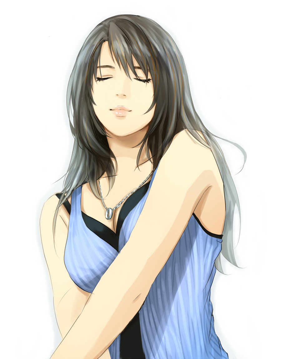 1990s_(style), 1girl, bad_id, bad_pixiv_id, black_hair, closed_eyes, collarbone, female_focus, final_fantasy, final_fantasy_viii, himasen, jewelry, long_hair, multicolored_hair, necklace, retro_artstyle, rinoa_heartilly, simple_background, solo, streaked_hair, v_arms, white_background
