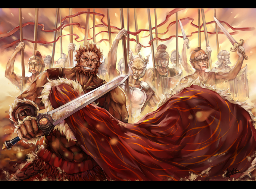 6+boys, altoris_(scee), armor, army, beard, cape, facial_hair, fate/zero