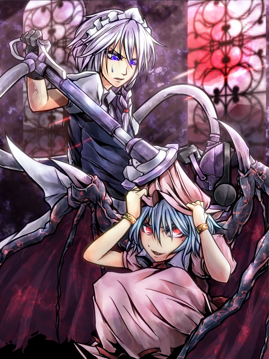 2girls, apron, arm_up, arms_up, bat_wings, black_gloves, blue_eyes, bracelet