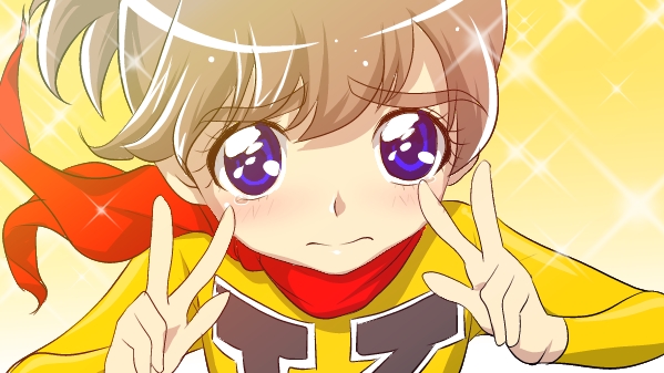 10s, 1970s_(style), 1boy, blue_eyes, blush, brown_hair, chargeman_ken!, cure_peace_pose