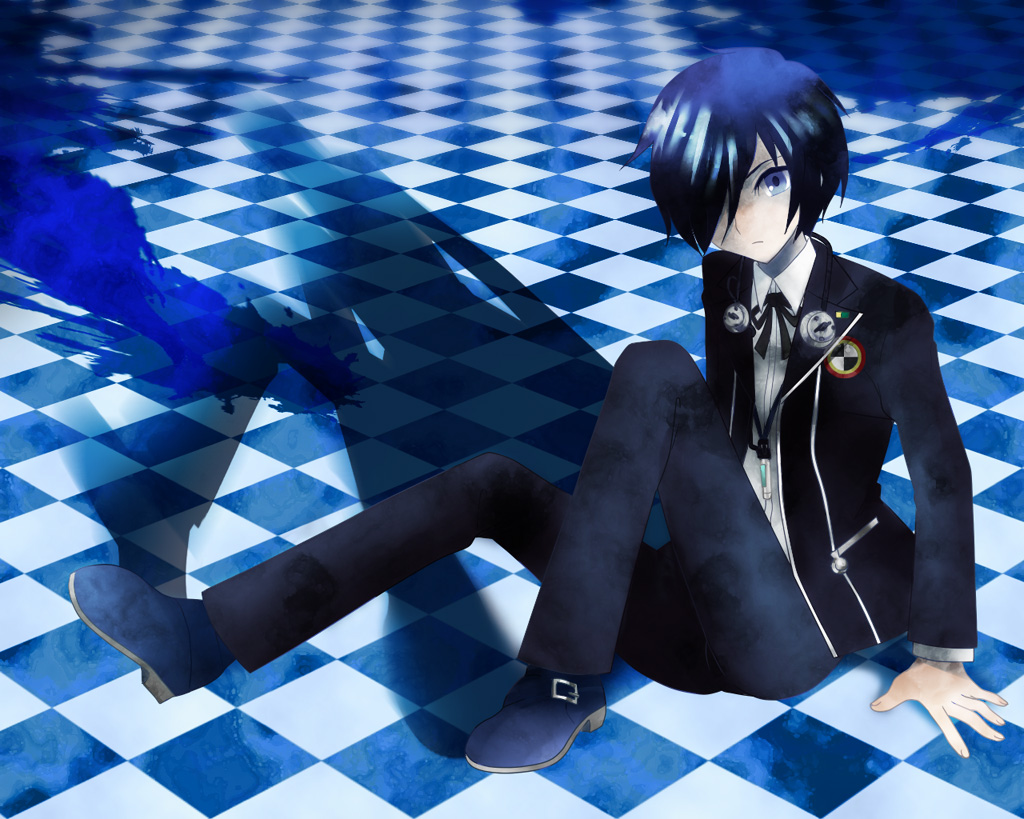 1boy, atlus, bad_id, bad_pixiv_id, blue_eyes, blue_hair, checkered_floor, mp3_player, floor, hair_over_one_eye, headphones, jroouch, male_focus, matching_hair/eyes, persona, persona_3, school_uniform, sitting, solo, yuuki_makoto_(persona_3)