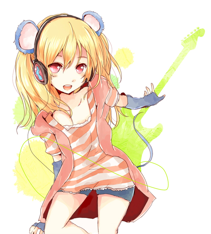 1girl, animal_ears, blonde_hair, female_focus, fingerless_gloves, gloves, guitar, headphones, instrument, mouse_ears, open_mouth, original, red_eyes, shorts, solo, tail, xxxx_saki