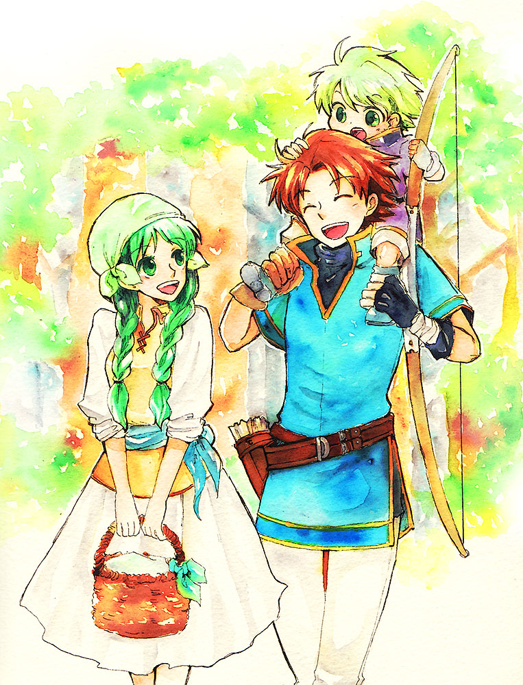1girl, 2boys, bad_id, bad_pixiv_id, basket, bow_(weapon), braid, brown_hair, carrying, child, family_bonding, father_and_child, father_and_son, fingerless_gloves, fire_emblem, fire_emblem:_the_binding_blade, fire_emblem:_the_blazing_blade, gloves, green_eyes, green_hair, happy, long_hair, millipen_(medium), mother_and_child, mother_and_son, multiple_boys, nintendo, painting_(medium), parent_and_child, pen_(medium), rebecca_(fire_emblem), short_hair, shoulder_carry, traditional_media, twin_braids, weapon, wil_(fire_emblem), wolt_(fire_emblem)