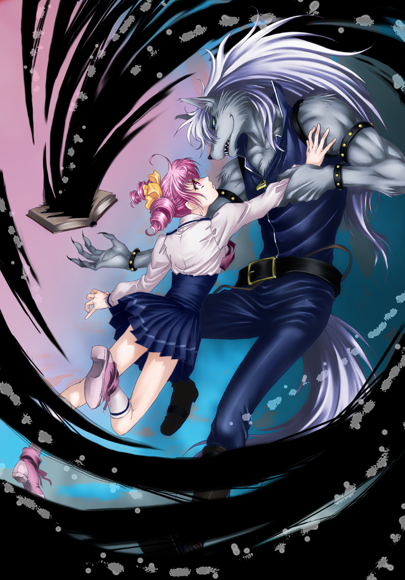 10s, 1boy, 1girl, blue_eyes, book, boots, bow, canal001