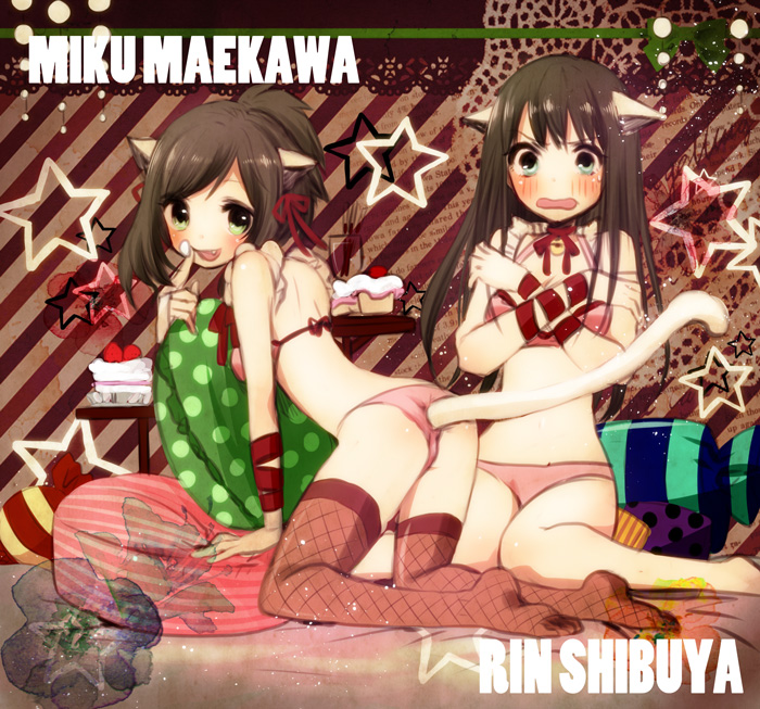 10s, 2girls, :d, animal_ears, ass, barefoot, blush, brown_hair