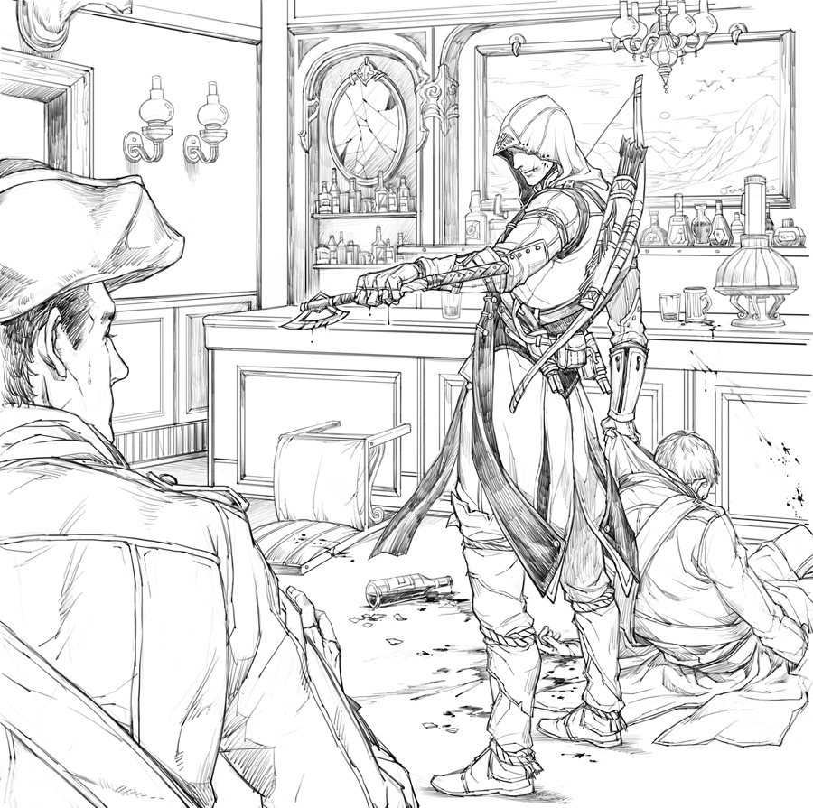 3boys, arrow_(projectile), assassin's_creed, assassin's_creed_(series), assassin's_creed_iii, axe, bad_id, bad_pixiv_id, bar_(place), blood, bottle, bow_(weapon), chair, chandelier, coat, connor_(assassin's_creed), connor_kenway, crack, death, greyscale, hat, hood, indoors, kid666, kill, lamp, male_focus, mirror, monochrome, multiple_boys, quiver, scar, soldier, tricorne, vambraces, weapon