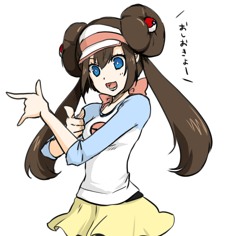 1girl, bishoujo_senshi_sailor_moon, blue_eyes, bow, brown_hair, donut_hair_bun, double_bun, female_focus, hair_bun, long_hair, looking_at_viewer, m/, nintendo, nuana, pantyhose, parody, pointing, poke_ball, pokemon, pokemon_black_2_and_white_2, raglan_sleeves, rosa_(pokemon), simple_background, skirt, solo, translated, tsuki_ni_kawatte_oshioki_yo, twintails, visor, visor_cap, white_background