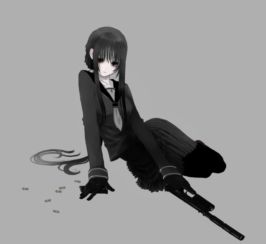 1girl, air-bird, bad_id, bad_pixiv_id, black_hair, female_focus, gloves, gun