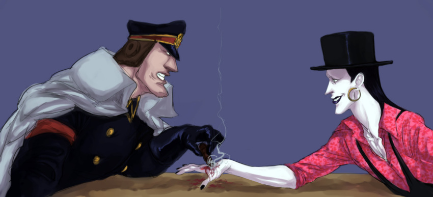 2boys, adelheid_(moschiola), androgynous, black_eyes, black_hair, blood, burn, burn_mark, cape, cigar, cigarette_burn, colored_skin, earrings, gloves, grin, hat, injury, jailer, jewelry, lafitte_(one_piece), lipstick, long_hair, long_image, makeup, male_focus, mime, multiple_boys, muscular, nail_polish, one_piece, profile, shiryuu_(one_piece), simple_background, sitting, smile, smoke, teeth, top_hat, vest, white_skin, wide_image