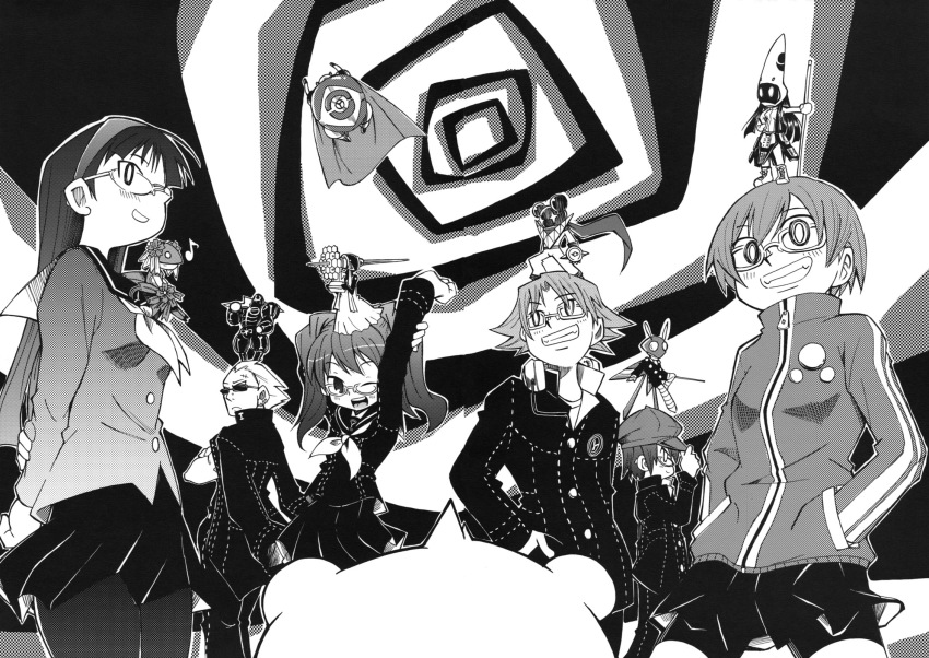 6+boys, 6+girls, amagi_yukiko, androgynous, atlus, badge, bear, bike_shorts