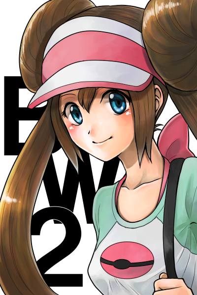 10s, 1girl, bad_id, bad_pixiv_id, blue_eyes, blush, bow, brown_hair, dicembre04, donut_hair_bun, double_bun, female_focus, hair_bun, long_hair, nintendo, pokemon, pokemon_black_2_and_white_2, raglan_sleeves, rosa_(pokemon), solo, strap, twintails, visor_cap