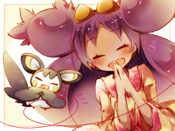 amamiya_kabosu, blush, closed_eyes, emolga, gen_5_pokemon, iris_(pokemon), nintendo, open_mouth