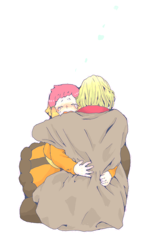 10s, 1boy, 1girl, aquarion_(series), aquarion_evol, blonde_hair, coat, dress