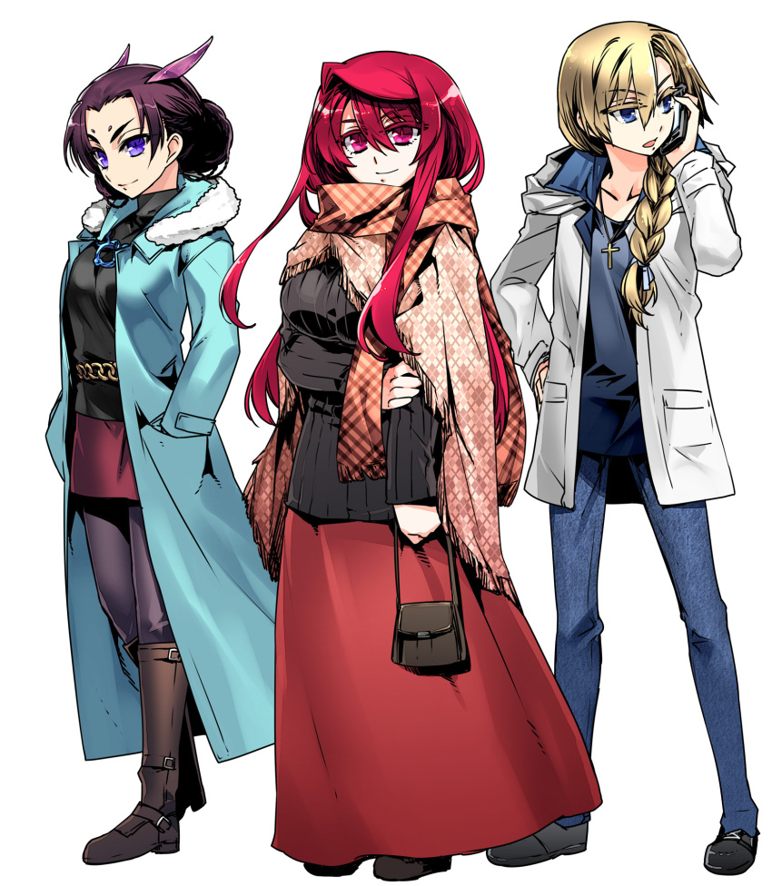 10s, 3girls, bag, belt, blonde_hair, blue_eyes, boots, braid