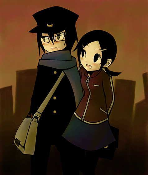 bag, bemani, black_hair, gakuran, glasses, hair_ornament, hairclip, hat