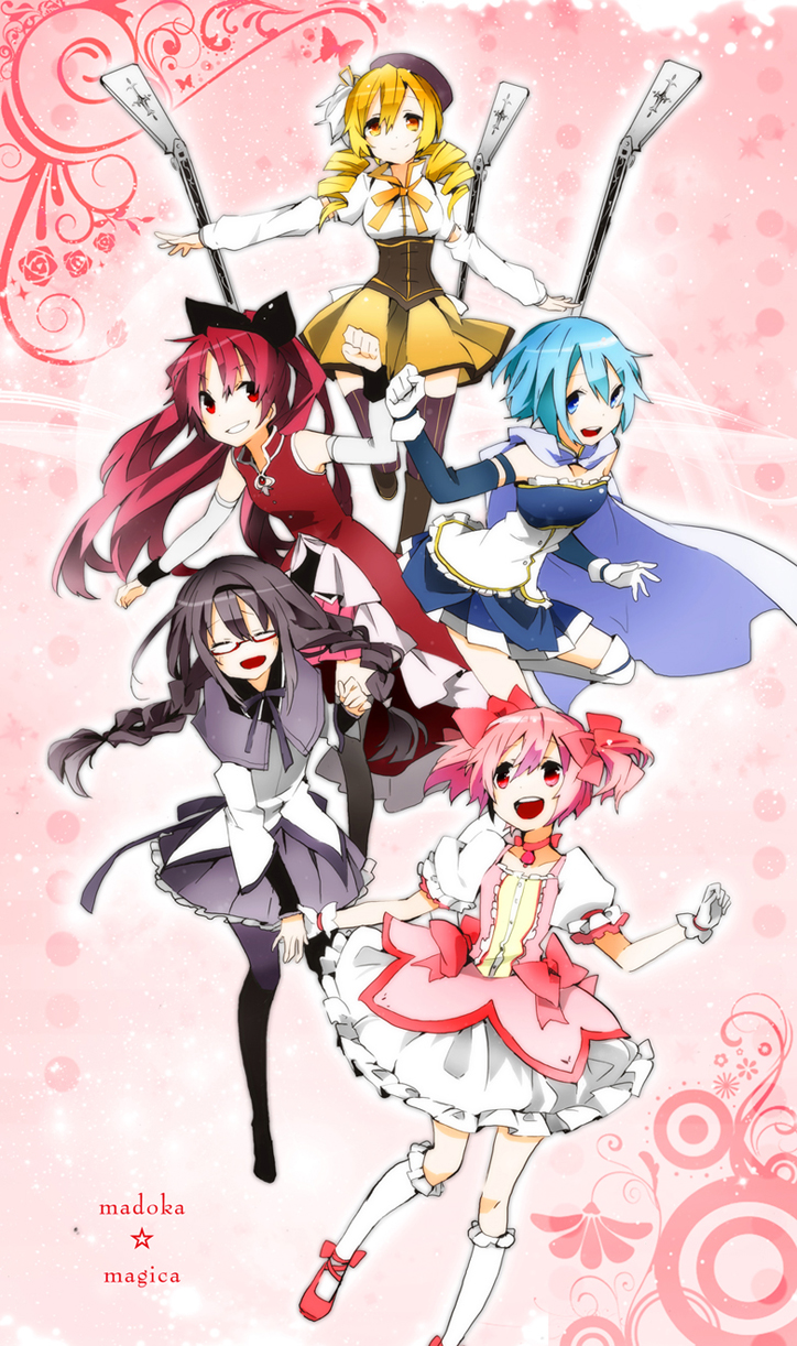 10s, 5girls, akemi_homura, akemi_homura_(magical_girl), bare_shoulders, beret, black_hair, blonde_hair