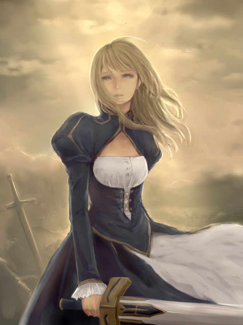 1girl, ahoge, artoria_pendragon_(fate), bad_id, bad_pixiv_id, blonde_hair, dress, excalibur_(fate/stay_night)