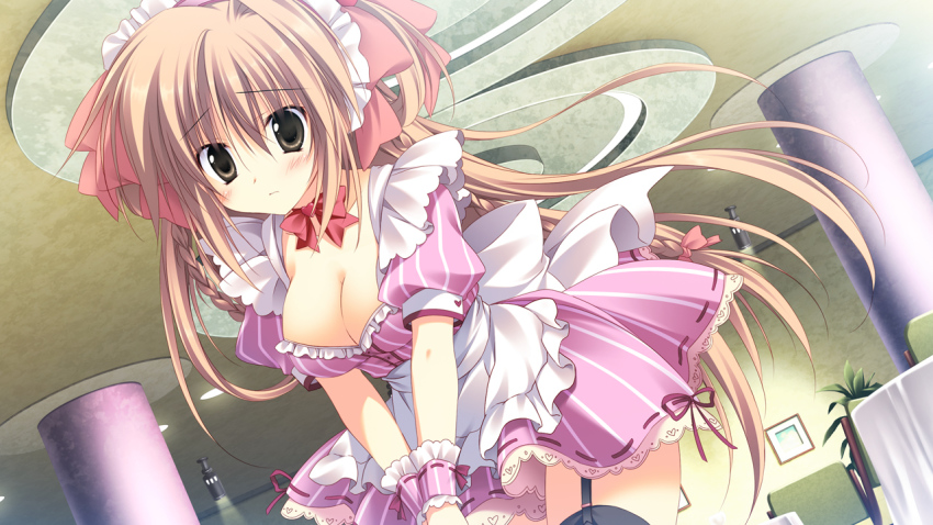1girl, apron, bow, bowtie, braid, breasts, brown_eyes, brown_hair