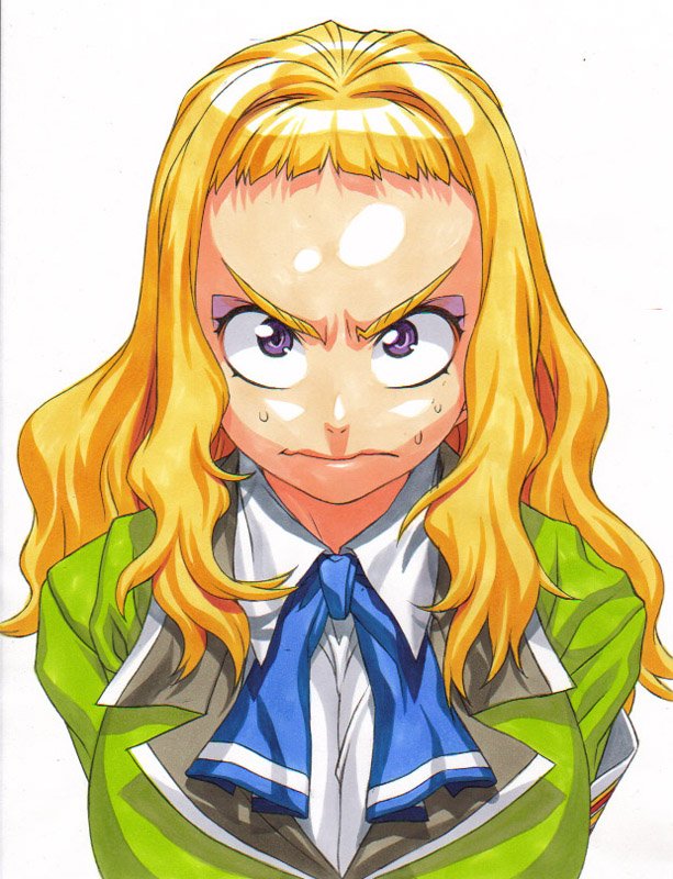 00s, 1girl, 3:, angry, armband, blazer, blonde_hair, breasts, close-up, eyeshadow, female_focus, forehead, hair_intakes, jacket, kei_(bekei), large_breasts, long_hair, looking_at_viewer, makeup, my-hime, necktie, purple_eyes, ribbon, school_uniform, shirt, sidelocks, simple_background, solo, suzushiro_haruka, sweat, traditional_media, upper_body, v-shaped_eyebrows, wavy_hair, wavy_mouth, white_background