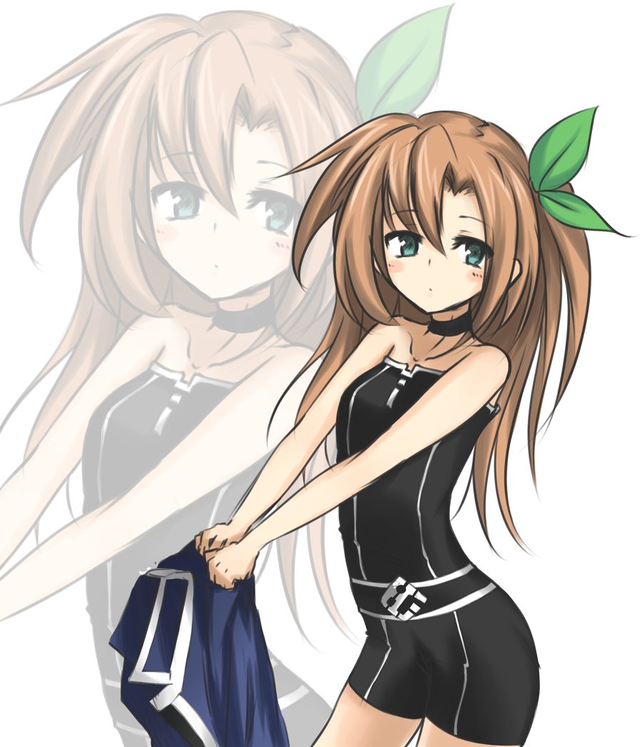 10s, 1girl, akicha_(akisa), akisa, bad_id, bad_pixiv_id, belt_buckle, blush, blush_stickers, bow, brown_hair, buckle, collarbone, female_focus, green_eyes, hair_bow, hair_ornament, holding, if_(neptunia), jacket, unworn_jacket, long_hair, neptune_(series), no_jacket, short_shorts, shorts, solo, strapless, tube_top, very_long_hair, zoom_layer