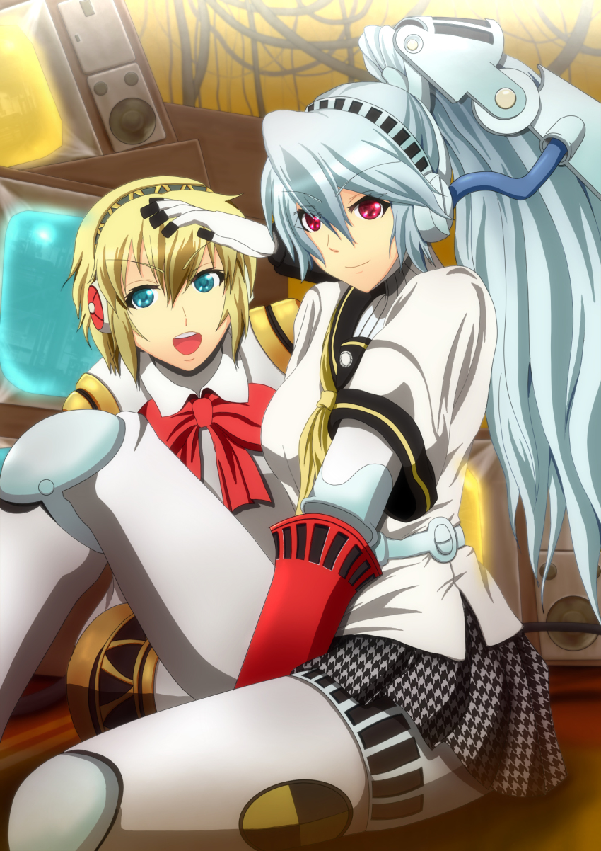 2girls, aigis_(persona), android, aqua_hair, atlus, blonde_hair, blue_eyes, bow