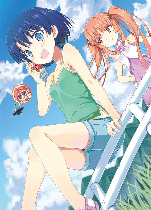 10s, 3girls, :d, ano_natsu_de_matteru, blue_eyes, blue_hair, brown_hair, can