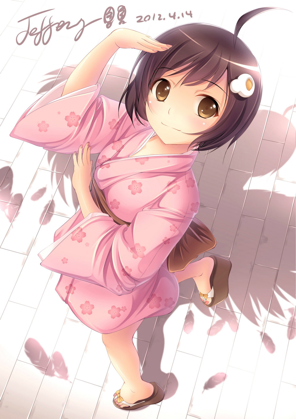 10s, 1girl, ahoge, araragi_tsukihi, brown_eyes, brown_hair, egg_(food), female_focus, food, fried_egg, hair_ornament, highres, japanese_clothes, jeffery_(backam), kimono, monogatari_(series), nisemonogatari, sandals, short_hair, side_ponytail, solo