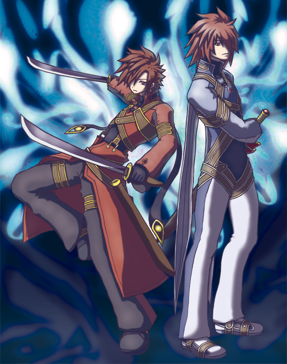 00s, 2boys, bad_id, bad_pixiv_id, blue_background, brown_hair, coat, dual_wielding