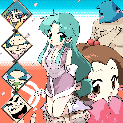 2girls, 6+boys, :d, ^_^, age_difference, android, aqua_eyes, aqua_hair, arms_behind_back, artist_request, bald, black_eyes, black_hair, blue_eyes, blue_hair, blush, blush_stickers, brown_eyes, brown_hair, closed_eyes, covering_privates, crossed_arms, cup, dagger, drink, drinking, ebisumaru, everyone, eyeshadow, ganbare_goemon, goemon, green_hair, grey_hair, hair_bobbles, hair_bun, hair_ornament, hair_stick, high_ponytail, holding, holding_weapon, hood, impact_(ganbare_goemon), japanese_clothes, kimono, kneeling, knife, long_hair, long_sleeves, looking_at_viewer, low-tied_long_hair, lowres, makeup, mask, monoshiri_jii-san, mugi_no_yae, multiple_boys, multiple_girls, ninja, obi, oekaki, old, old_man, omitsu, omitsu_(ganbare_goemon), open_mouth, petals, plasma_(ganbare_goemon), ponytail, sash, sasuke_(ganbare_goemon), short_hair, short_kimono, sidelocks, single_hair_bun, sleeves_past_wrists, smile, spiral, thick_eyebrows, v, very_long_hair, weapon, yae_(ganbare_goemon)