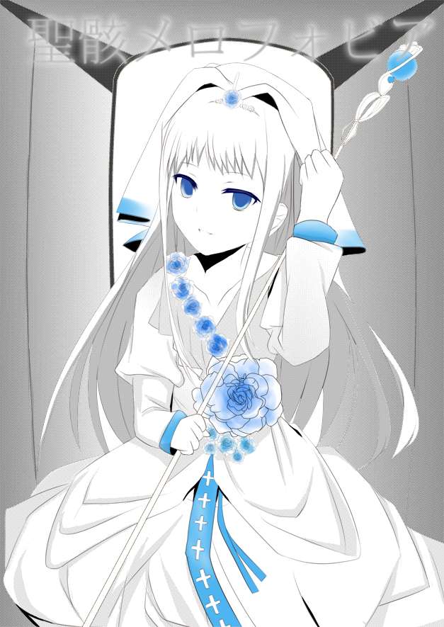 1girl, akabane_rin, bad_id, bad_pixiv_id, female_focus, flower, looking_at_viewer, monochrome
