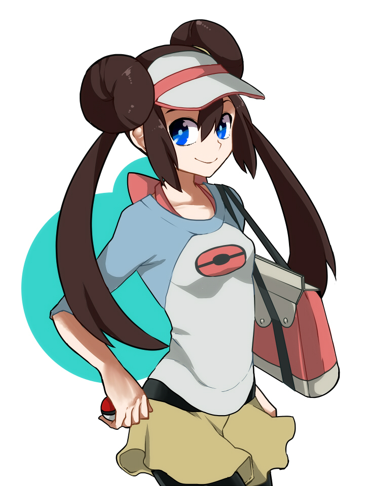 10s, 1girl, brown_hair, female_focus, nintendo, nishimatsuya, pantyhose, poke_ball, pokemon, pokemon_black_2_and_white_2, rosa_(pokemon), smile, solo, white_background