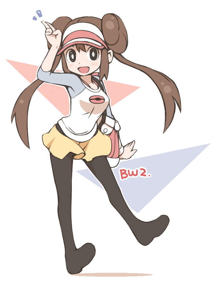 10s, 1girl, bag, black_eyes, black_pantyhose, brown_hair, copyright_name, female_focus, kuro_(kuroneko_no_kanzume), long_hair, looking_at_viewer, nintendo, no_shoes, open_mouth, pantyhose, pantyhose_under_shorts, pokemon, pokemon_black_2_and_white_2, raglan_sleeves, rosa_(pokemon), shorts, shoulder_bag, simple_background, smile, solo, twintails, visor, white_background, wristband