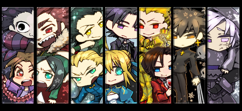 1girl, 6+boys, :3, alcohol, armor, artoria_pendragon_(fate), assassin_(fate/zero), bad_id, bad_pixiv_id, berserker_(fate/zero), black_eyes, black_keys_(type-moon), blonde_hair, blue_eyes, chibi, cross, diarmuid_ua_duibhne_(fate), diarmuid_ua_duibhne_(lancer)_(fate), earrings, emiya_kiritsugu, everyone, fate/zero, fate_(series), gate_of_babylon_(fate), gilles_de_rais_(caster)_(fate), gilles_de_rais_(fate), green_eyes, intestines, iskandar_(fate), jewelry, kayneth_archibald_el-melloi, kotomine_kirei, kotomine_kirei_(fate/zero), mask, matou_kariya, moromie-mizu, multiple_boys, necklace, orange_hair, saber_(fate), tohsaka_tokiomi, uryuu_ryuunosuke, waver_velvet, wine, yellow_eyes