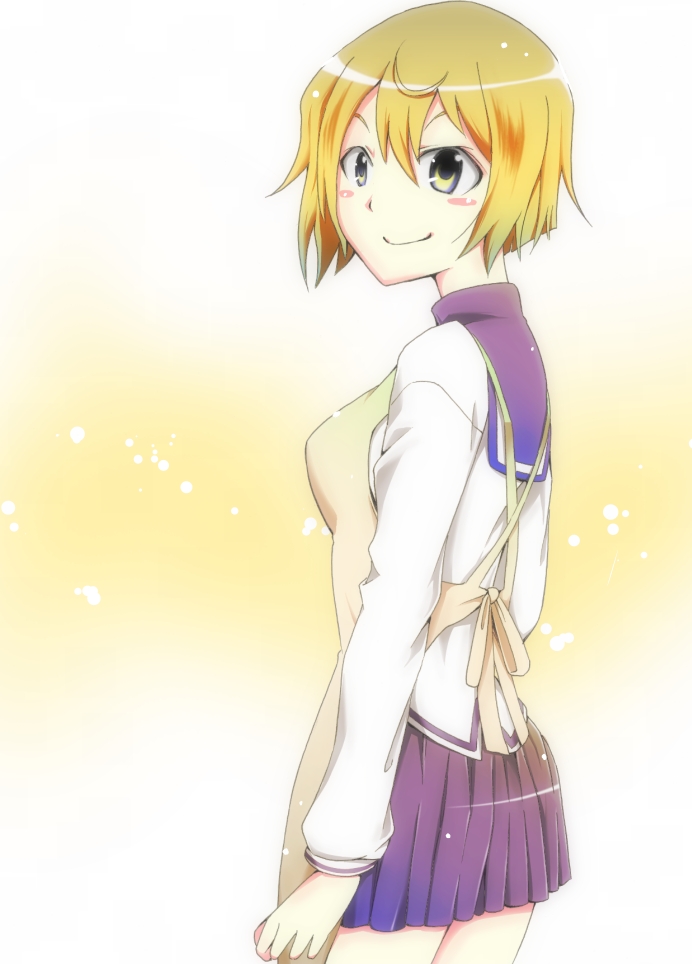 10s, 1girl, apron, blush, blush_stickers, female_focus, green_eyes, orange_hair